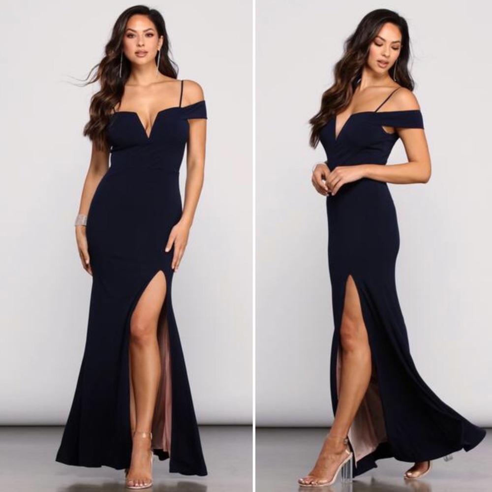 Windsor Off-The-Shoulder Black Maxi Dress w/ Slit